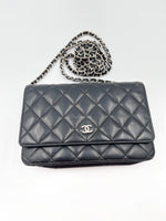 Sold-CHANEL Black Lambskin Wallet-on-the-chain WOC Crossbody Flap Bag Silver Hardware