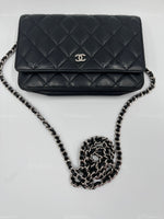 Sold-CHANEL Black Lambskin Wallet-on-the-chain WOC Crossbody Flap Bag Silver Hardware