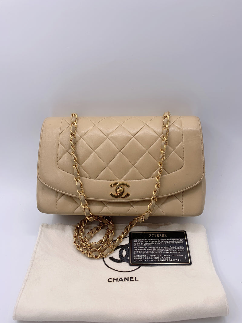 Sold-CHANEL Lambskin Medium Diana Single Chain Single Flap Bag Beige/gold (2)