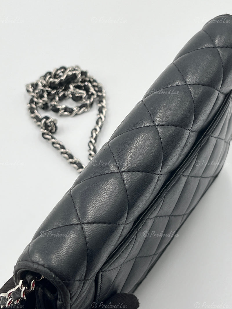 Sold-CHANEL Black Lambskin Wallet-on-the-chain WOC Crossbody Flap Bag Silver Hardware