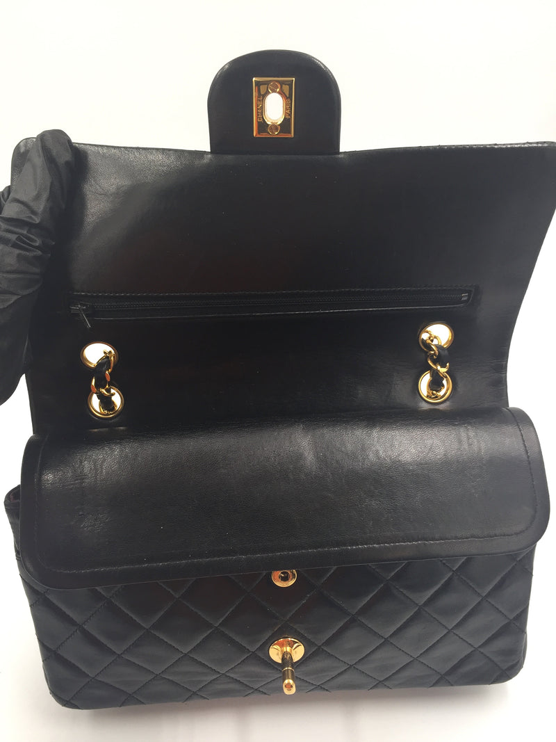 Sold-CHANEL Classic Lambskin Double Chain Double Medium Flap Bag black/gold