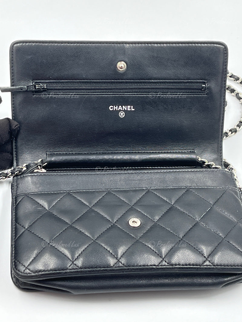 Sold-CHANEL Black Lambskin Wallet-on-the-chain WOC Crossbody Flap Bag Silver Hardware