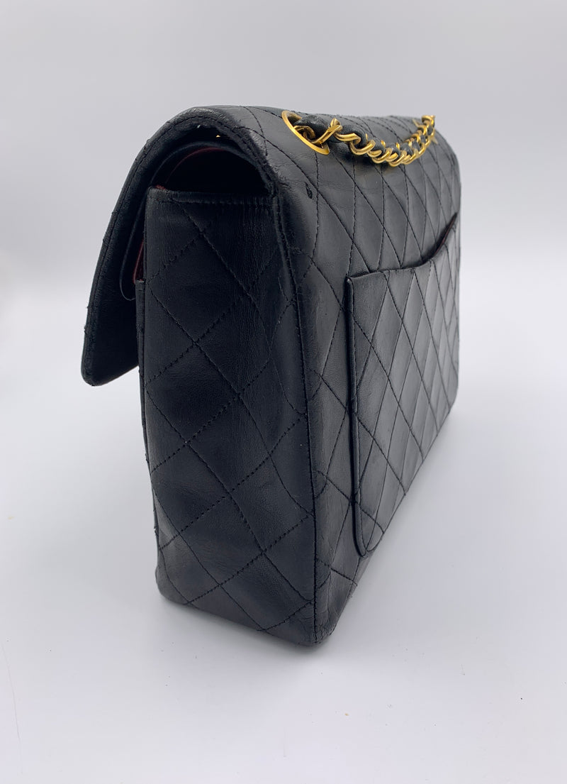 Sold-CHANEL Classic Lambskin Double Chain Double Flap Medium Square Bag Black / Gold Hardware