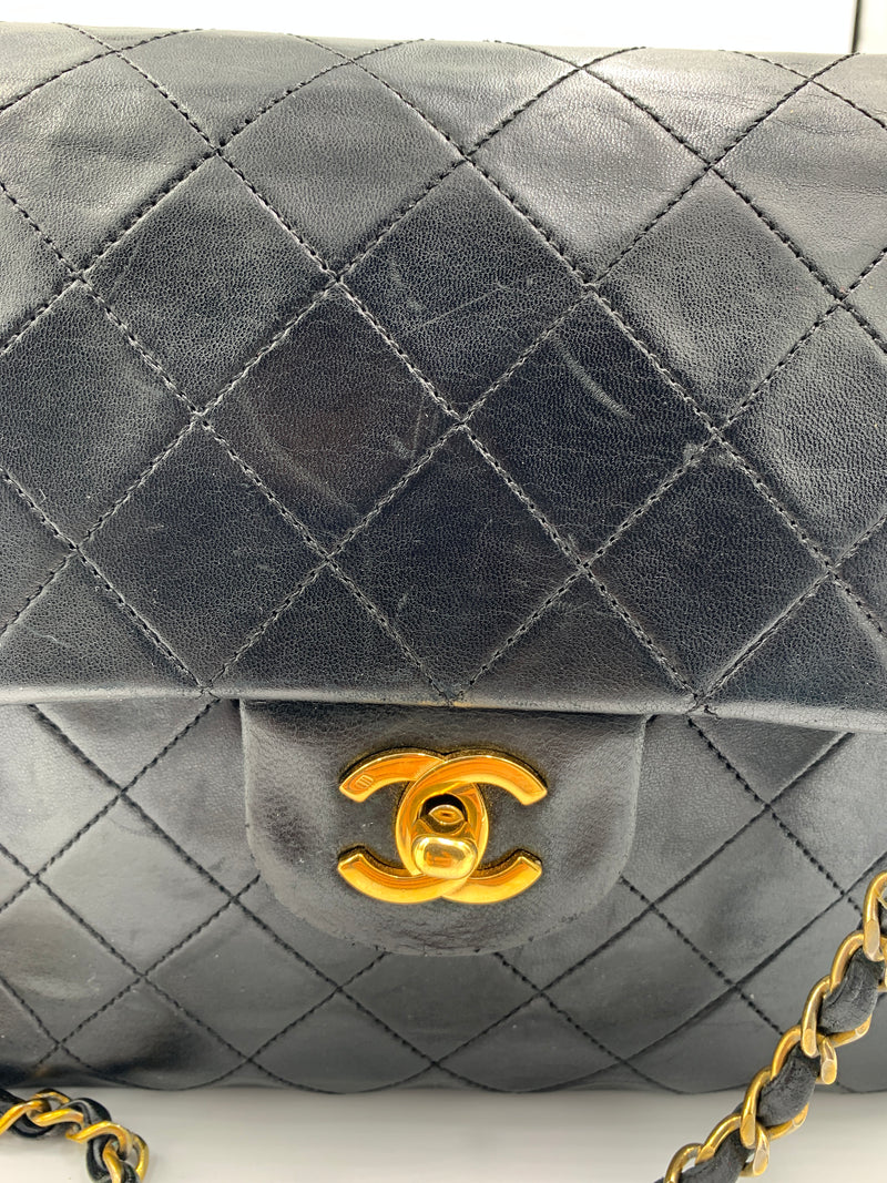 Sold-CHANEL Classic Lambskin Double Chain Double Flap Medium Square Bag Black / Gold Hardware