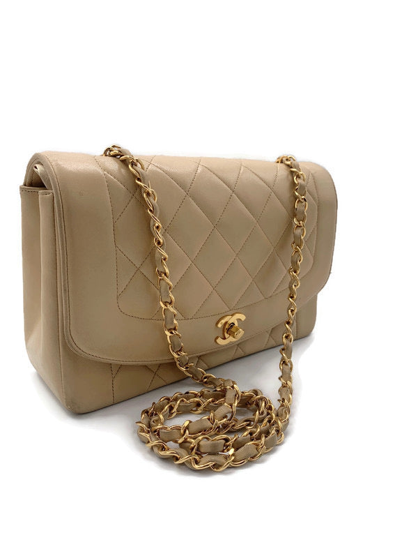 Sold-CHANEL Lambskin Medium Diana Single Chain Single Flap Bag Beige/gold (2)