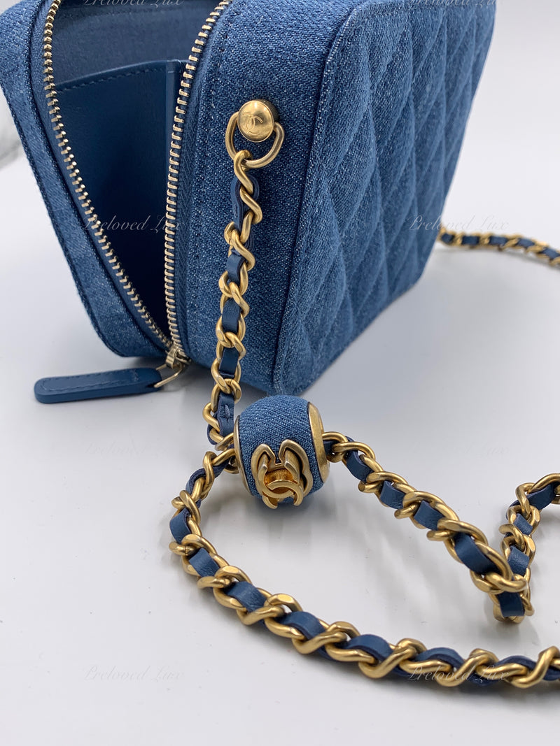 CHANEL Denim Blue Pearl Crush Mini Vanity Camera Bag in Aged Gold Hardware