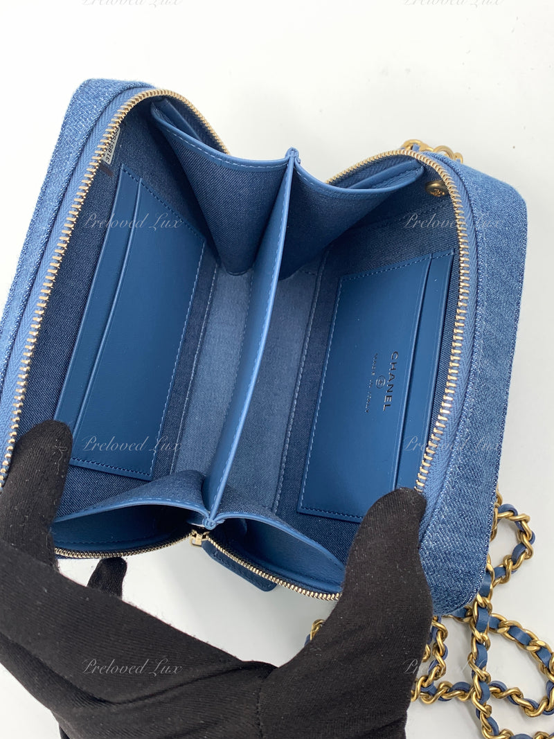 CHANEL Denim Blue Pearl Crush Mini Vanity Camera Bag in Aged Gold Hardware