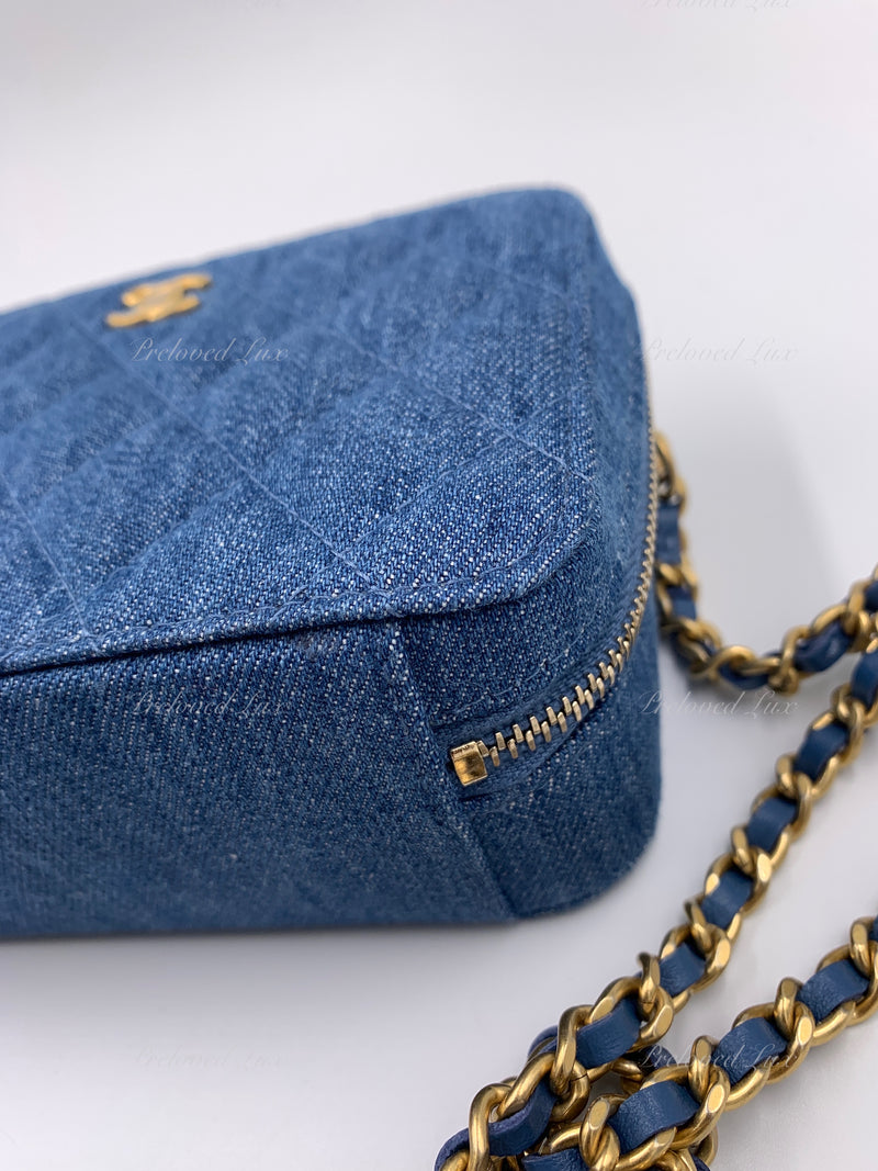 CHANEL Denim Blue Pearl Crush Mini Vanity Camera Bag in Aged Gold Hardware