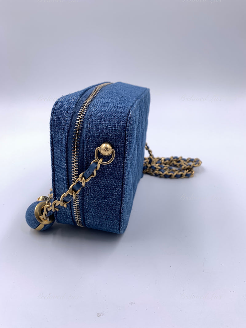 CHANEL Denim Blue Pearl Crush Mini Vanity Camera Bag in Aged Gold Hardware