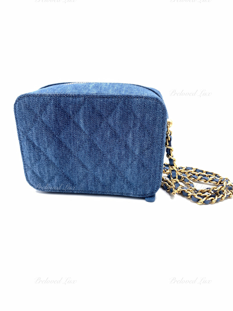 CHANEL Denim Blue Pearl Crush Mini Vanity Camera Bag in Aged Gold Hardware