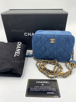 CHANEL Denim Blue Pearl Crush Mini Vanity Camera Bag in Aged Gold Hardware