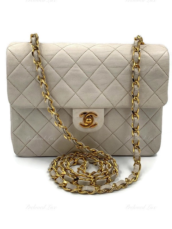 Sold-CHANEL Classic Lambskin Chain Mini Square Flap Bag White/ Gold hardware