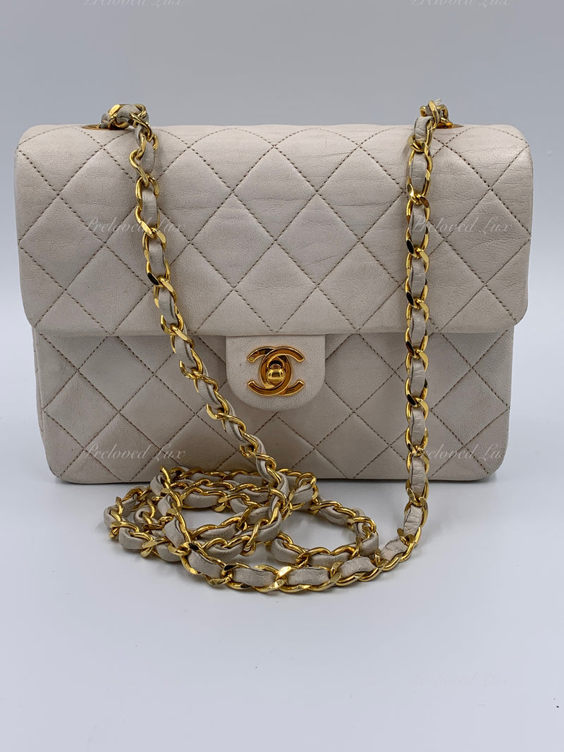 Sold-CHANEL Classic Lambskin Chain Mini Square Flap Bag White/ Gold hardware