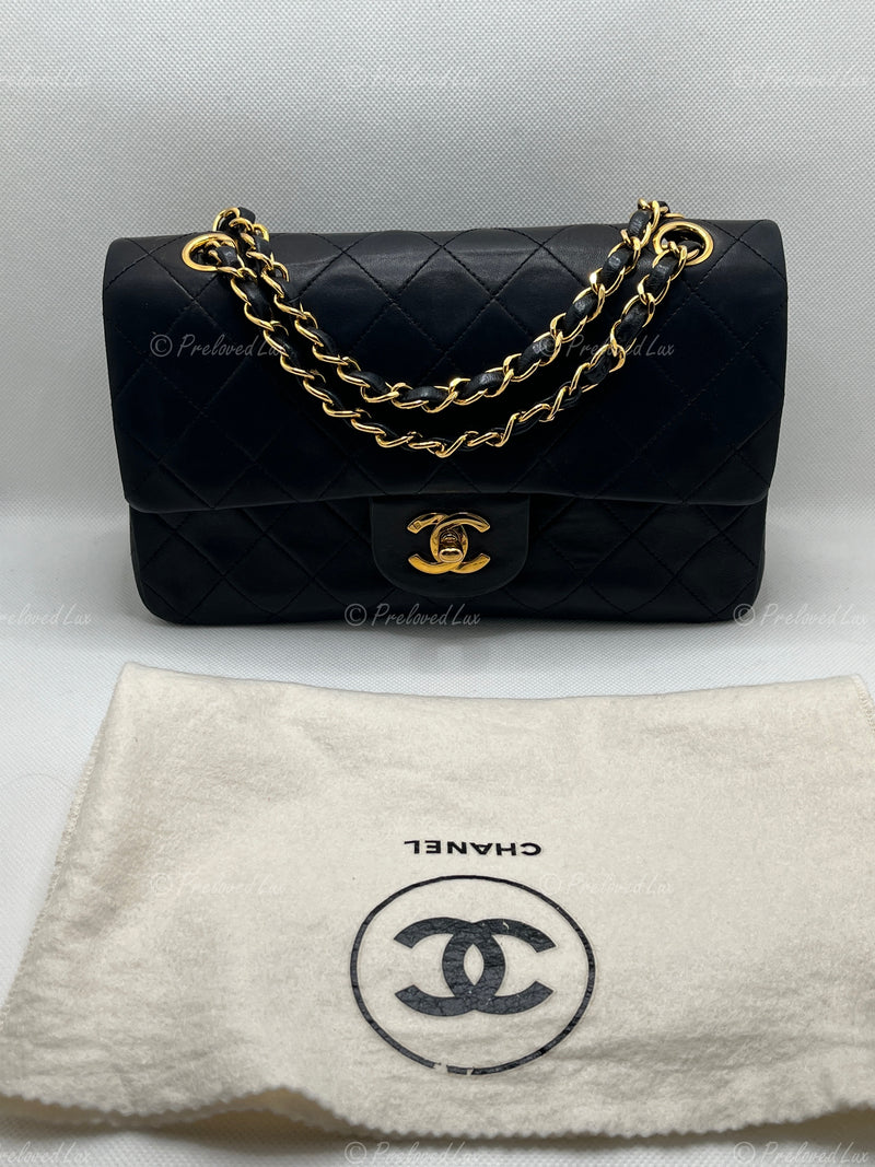 CHANEL Lambskin Small Black Classic Double Flap Bag Gold Hardware