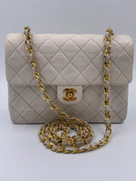 Sold-CHANEL Classic Lambskin Chain Mini Square Flap Bag White/ Gold hardware