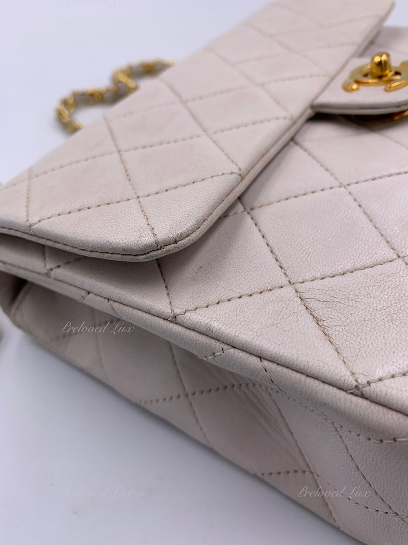 Sold-CHANEL Classic Lambskin Chain Mini Square Flap Bag White/ Gold hardware