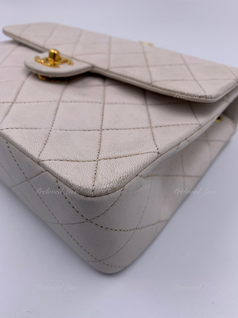 Sold-CHANEL Classic Lambskin Chain Mini Square Flap Bag White/ Gold hardware