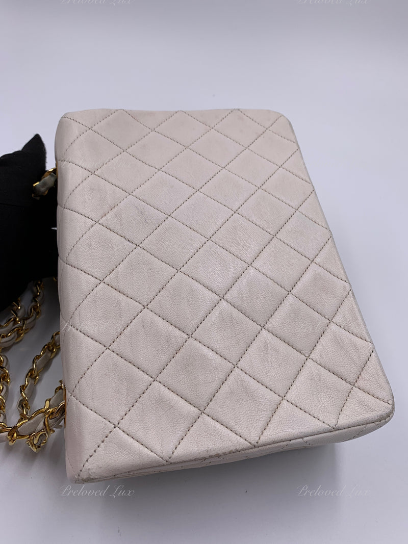 Sold-CHANEL Classic Lambskin Chain Mini Square Flap Bag White/ Gold hardware