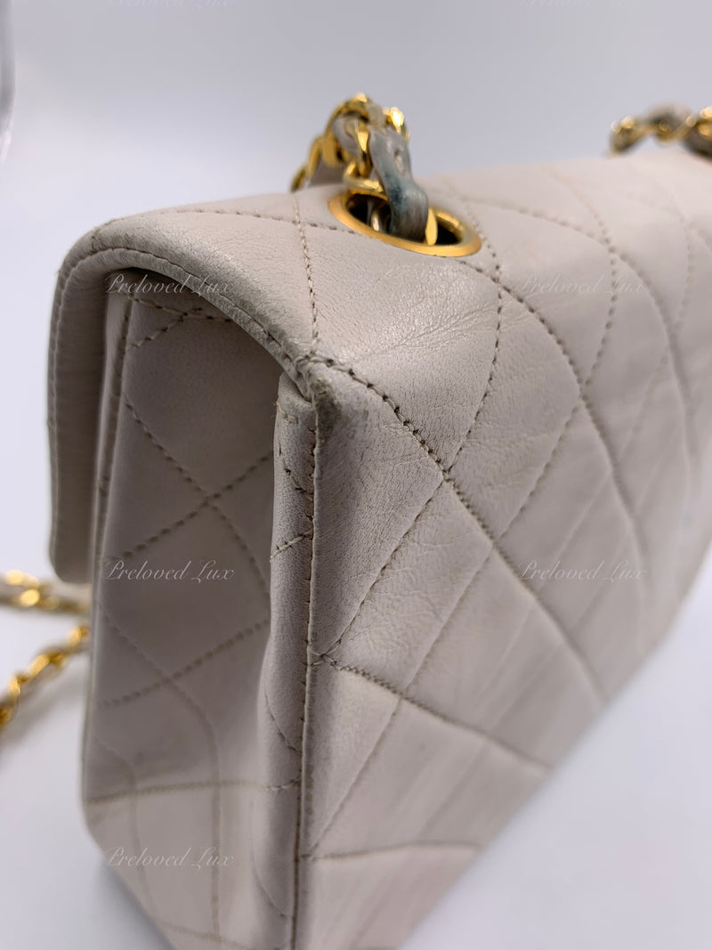 Sold-CHANEL Classic Lambskin Chain Mini Square Flap Bag White/ Gold hardware