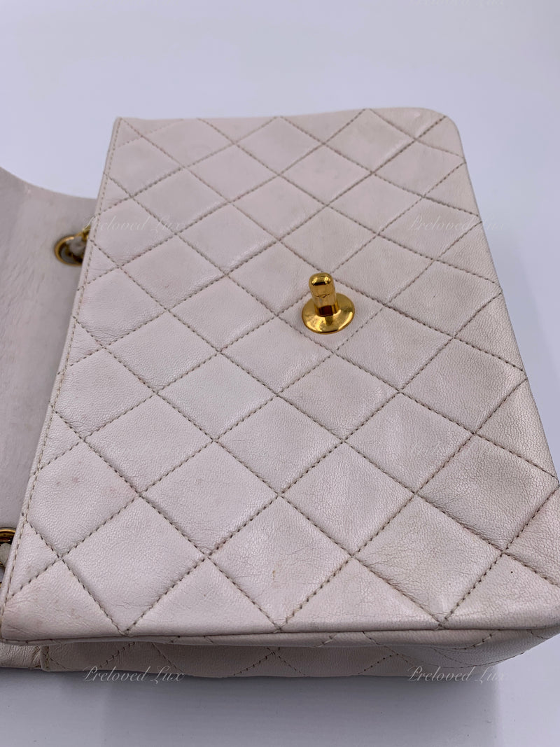 Sold-CHANEL Classic Lambskin Chain Mini Square Flap Bag White/ Gold hardware