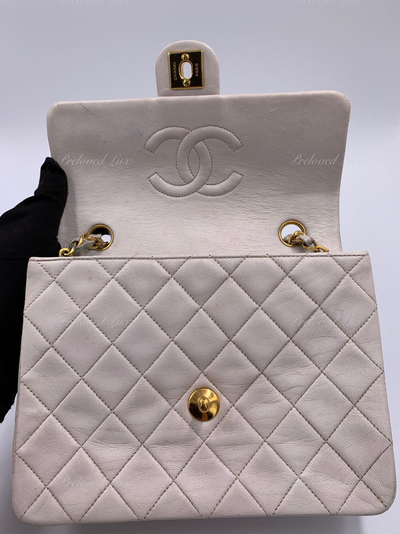 Sold-CHANEL Classic Lambskin Chain Mini Square Flap Bag White/ Gold hardware