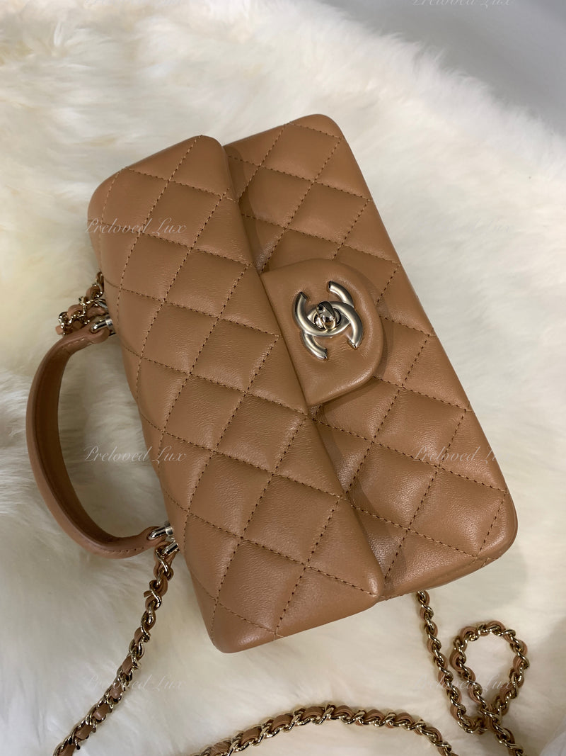 Sold-CHANEL Lambskin Mini Rectangular with Top Handle Caramel Beige / Gold Hardware