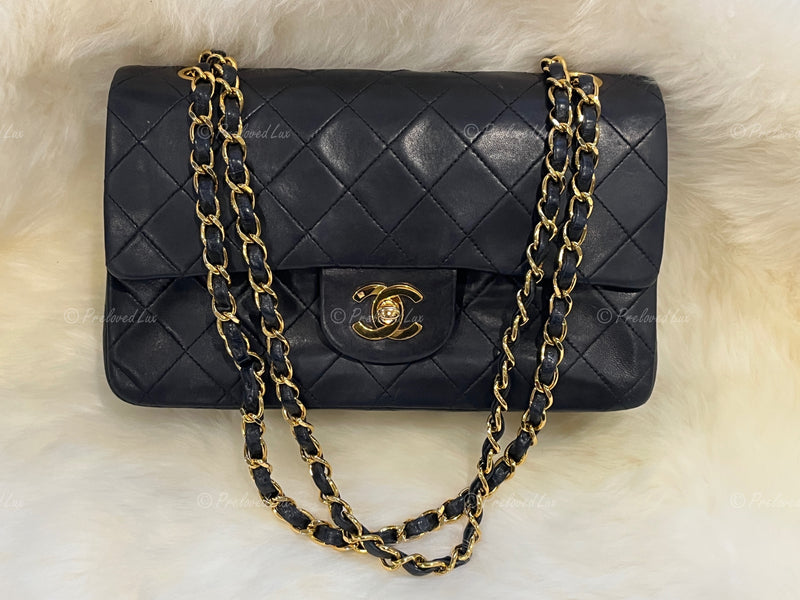 CHANEL Lambskin Small Black Classic Double Flap Bag Gold Hardware