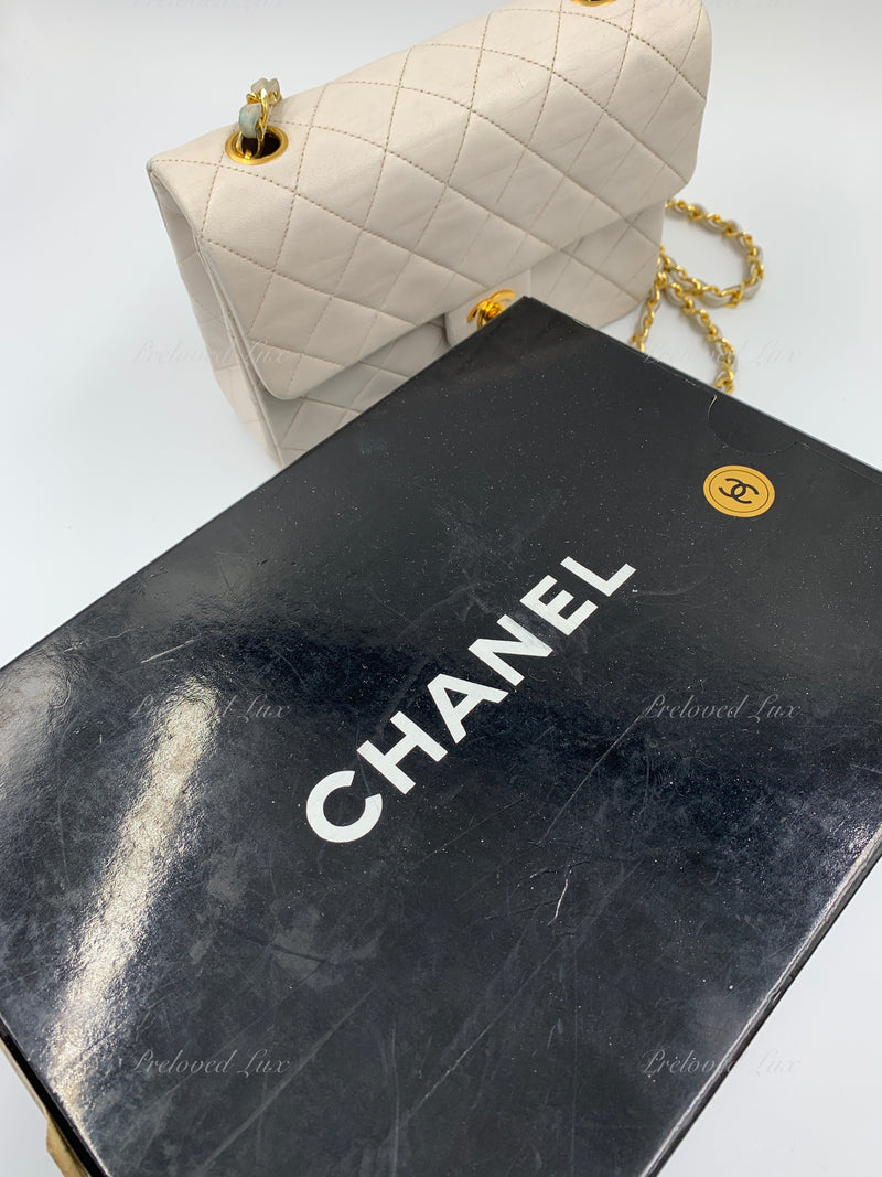 Sold-CHANEL Classic Lambskin Chain Mini Square Flap Bag White/ Gold hardware