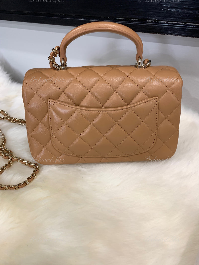 Sold-CHANEL Lambskin Mini Rectangular with Top Handle Caramel Beige / Gold Hardware