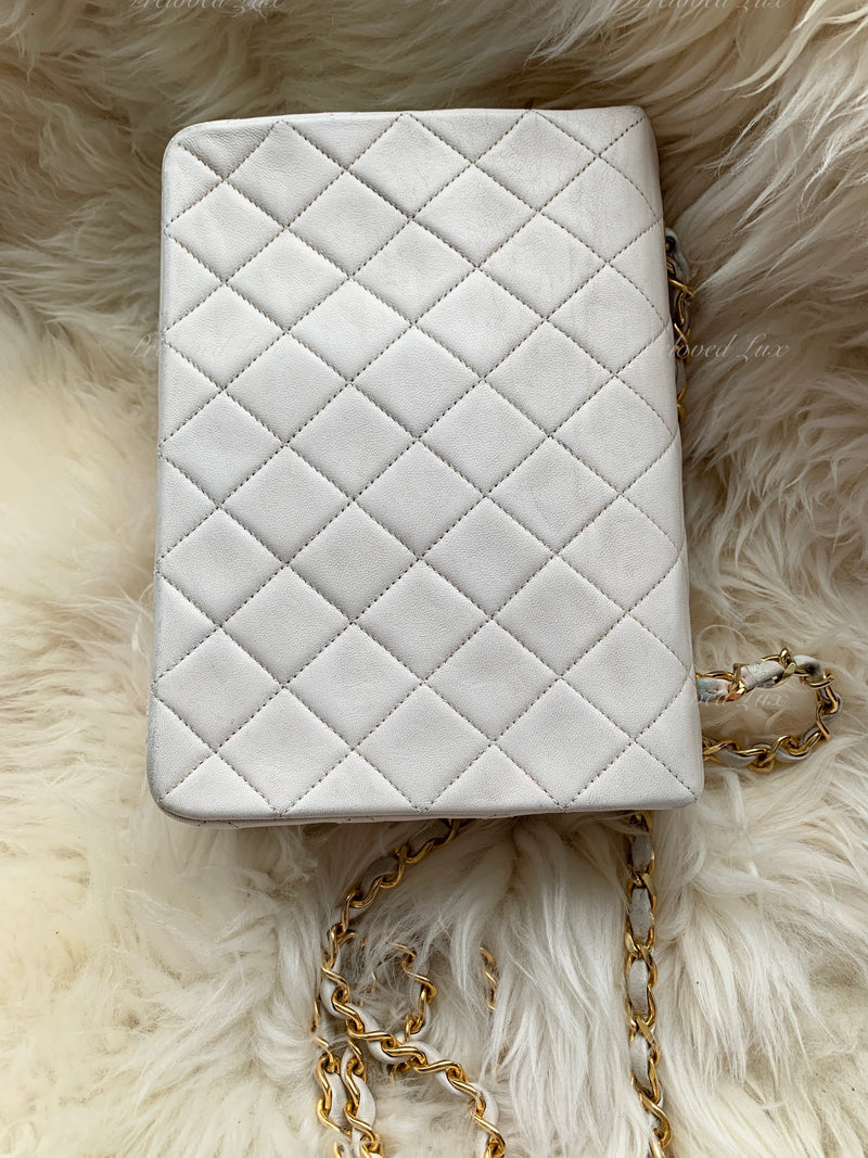 Sold-CHANEL Classic Lambskin Chain Mini Square Flap Bag White/ Gold hardware