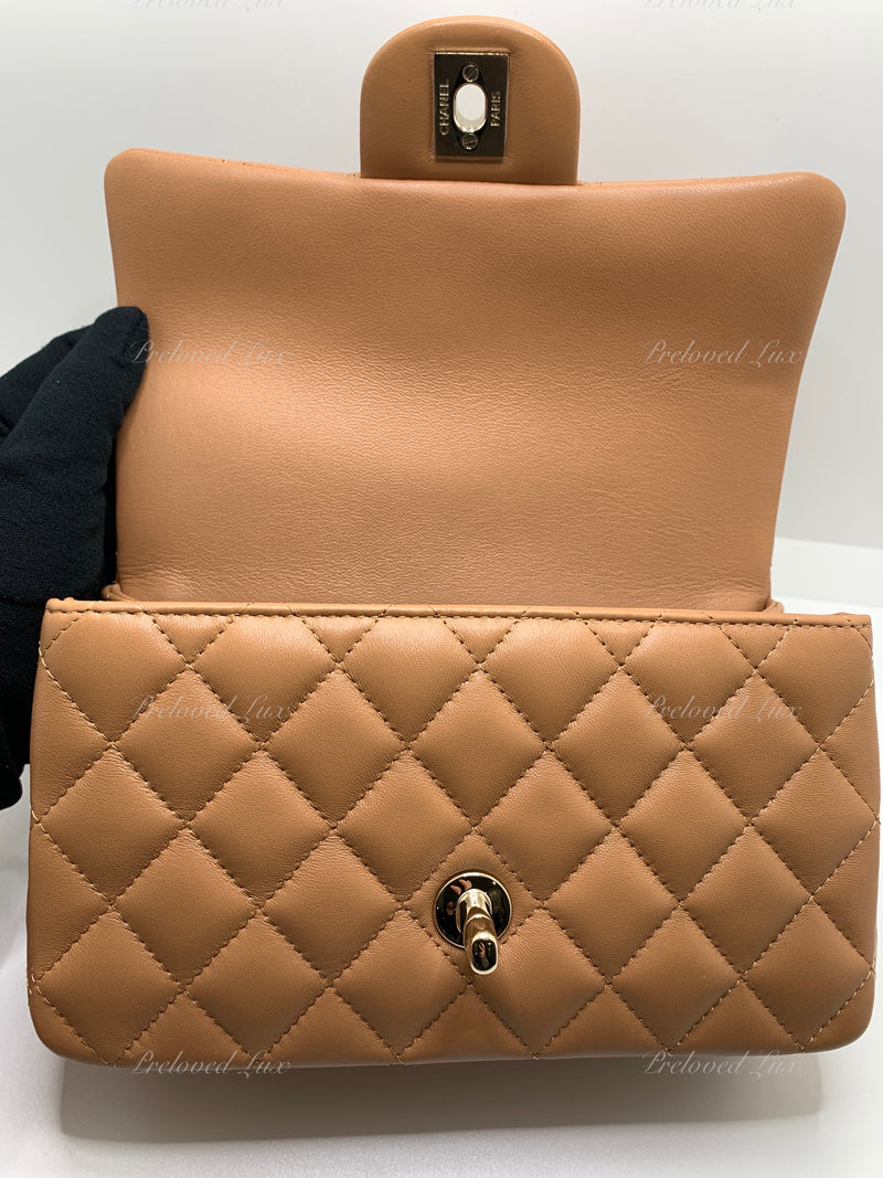 Sold-CHANEL Lambskin Mini Rectangular with Top Handle Caramel Beige / Gold Hardware