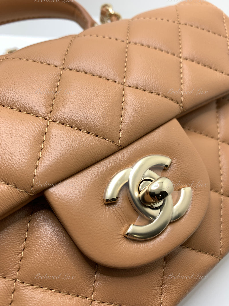 Sold-CHANEL Lambskin Mini Rectangular with Top Handle Caramel Beige / Gold Hardware