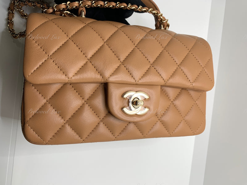 Sold-CHANEL Lambskin Mini Rectangular with Top Handle Caramel Beige / Gold Hardware