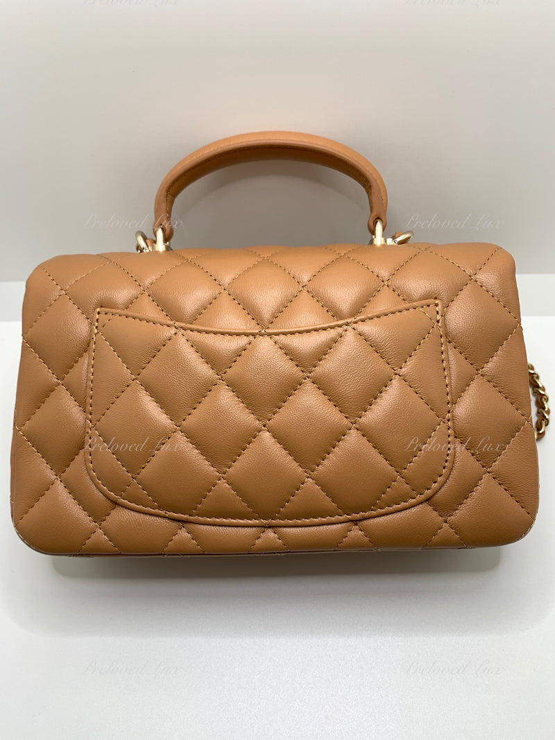 Sold-CHANEL Lambskin Mini Rectangular with Top Handle Caramel Beige / Gold Hardware