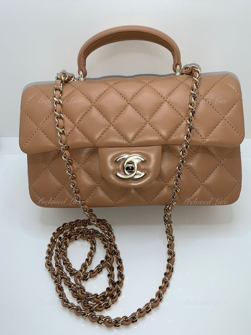 Sold-CHANEL Lambskin Mini Rectangular with Top Handle Caramel Beige / Gold Hardware