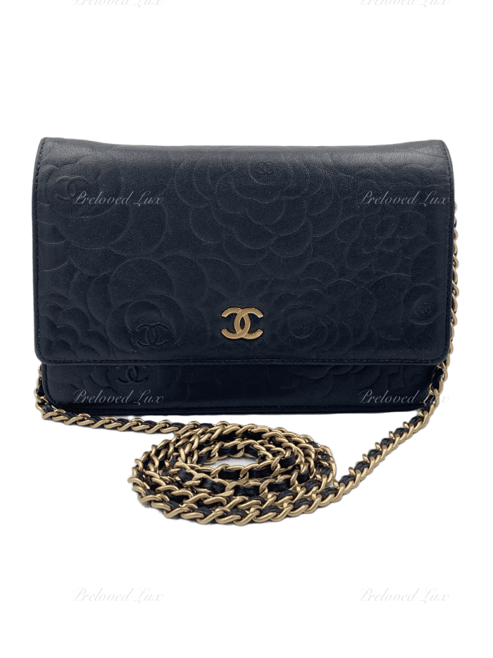 Sold-CHANEL Camelia Embossed Wallet-on-the-chain WOC Crossbody Bag - Black