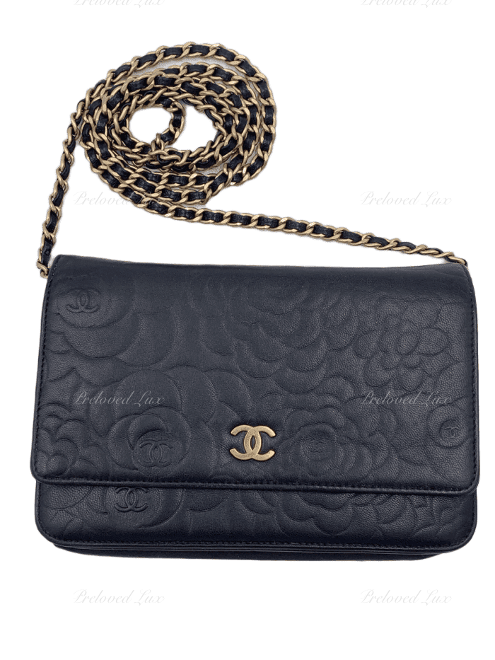 Sold-CHANEL Camelia Embossed Wallet-on-the-chain WOC Crossbody Bag - Black