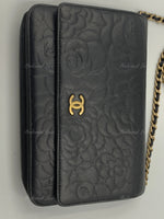 Sold-CHANEL Camelia Embossed Wallet-on-the-chain WOC Crossbody Bag - Black