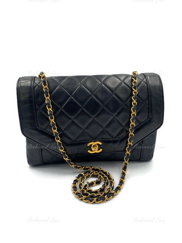 CHANEL Lambskin Vintage Single Chain Single Flap Crossbody Bag Black/gold Diana