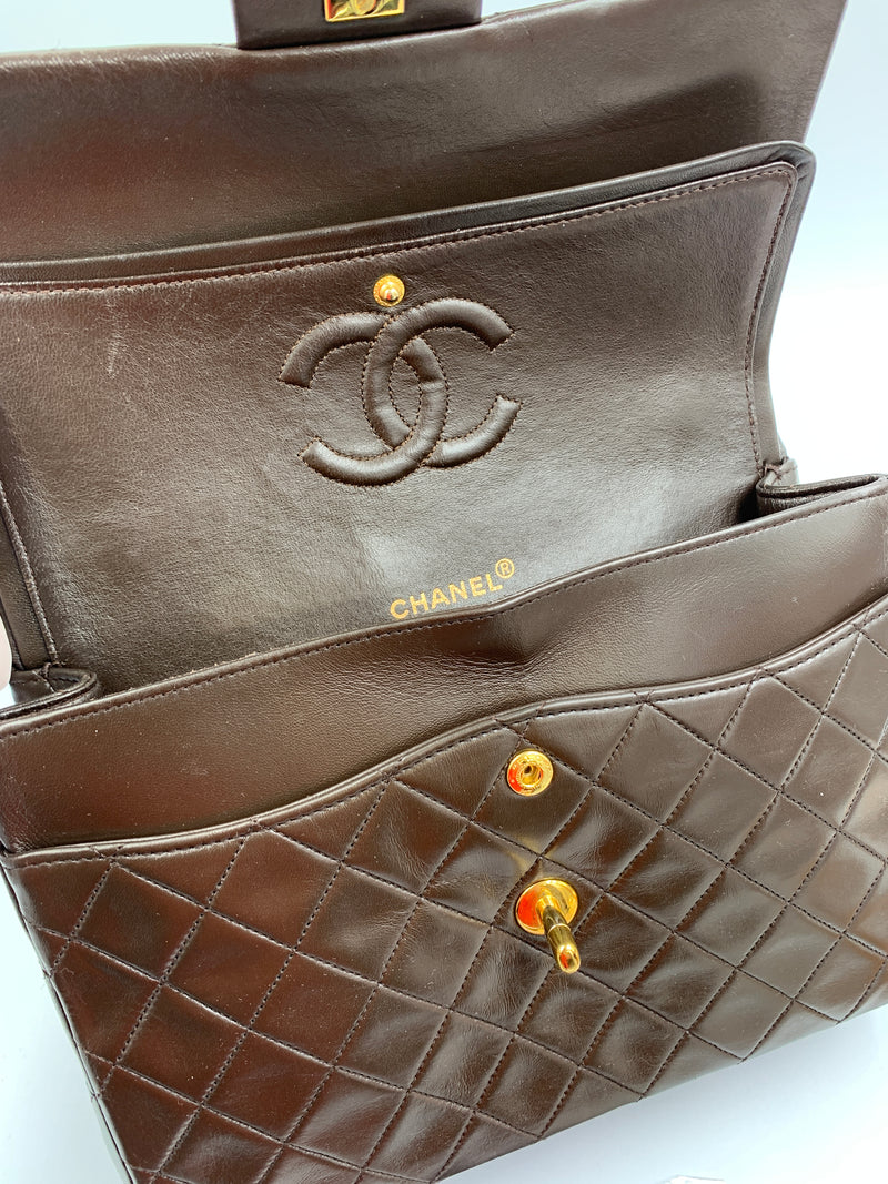 Sold-CHANEL Classic Lambskin Double Chain Double Flap Bag dark brown/gold