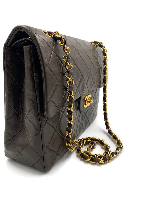 Sold-CHANEL Classic Lambskin Double Chain Double Flap Bag dark brown/gold