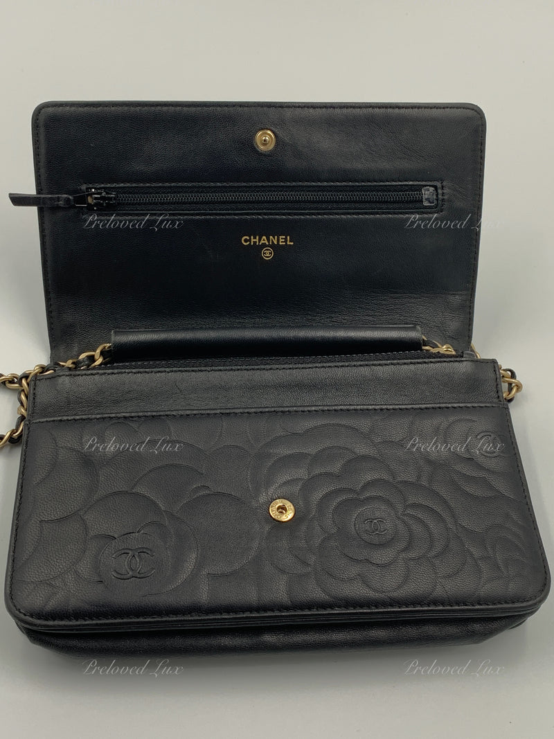 Sold-CHANEL Camelia Embossed Wallet-on-the-chain WOC Crossbody Bag - Black