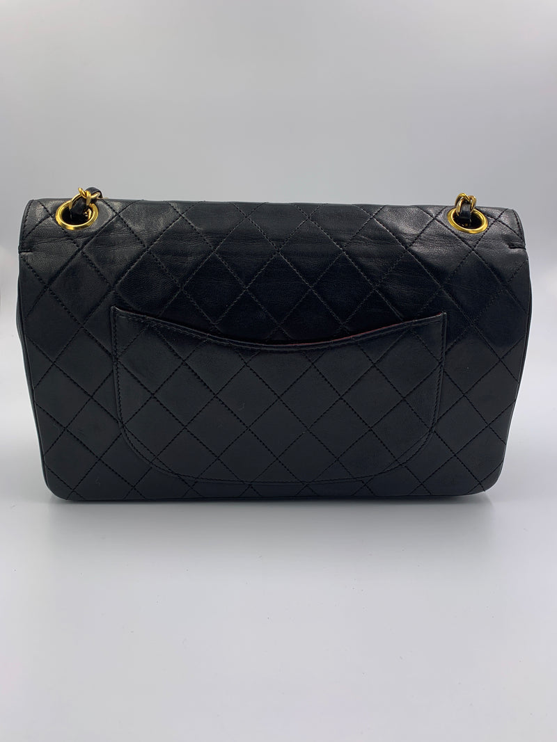 Sold-CHANEL Lambskin Double Chain Double Medium Flap Bag black/gold