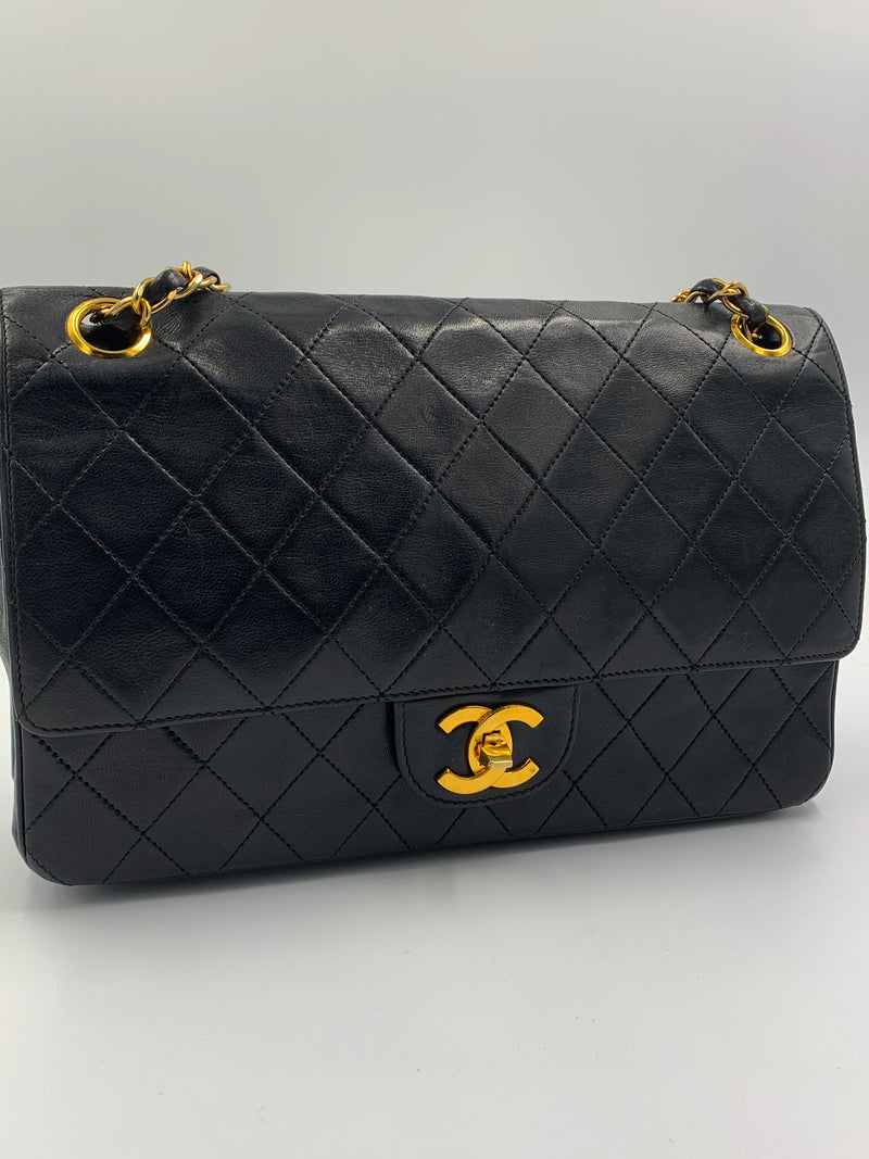 Sold-CHANEL Lambskin Double Chain Double Medium Flap Bag black/gold