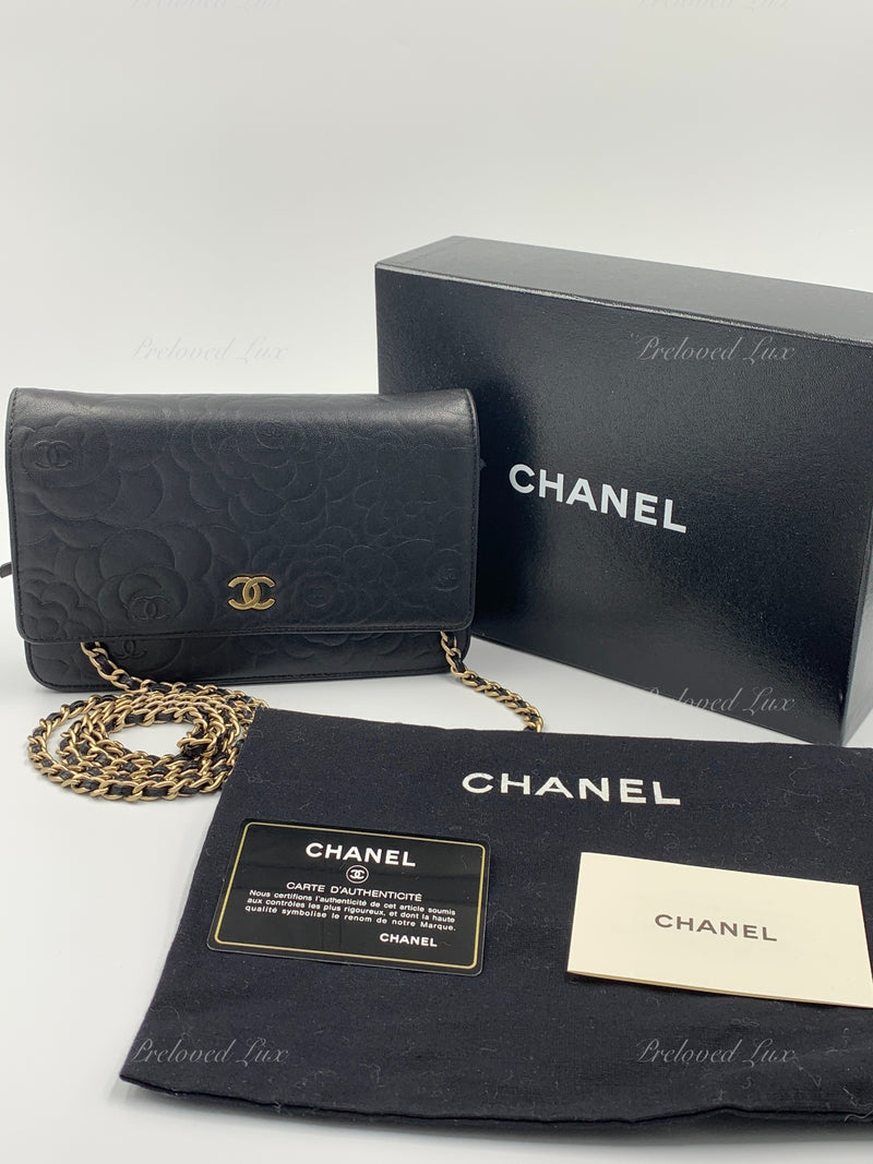 Sold-CHANEL Camelia Embossed Wallet-on-the-chain WOC Crossbody Bag - Black