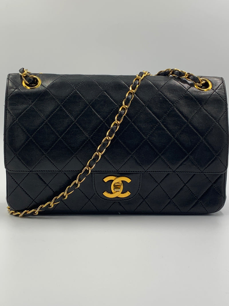 Sold-CHANEL Lambskin Double Chain Double Medium Flap Bag black/gold