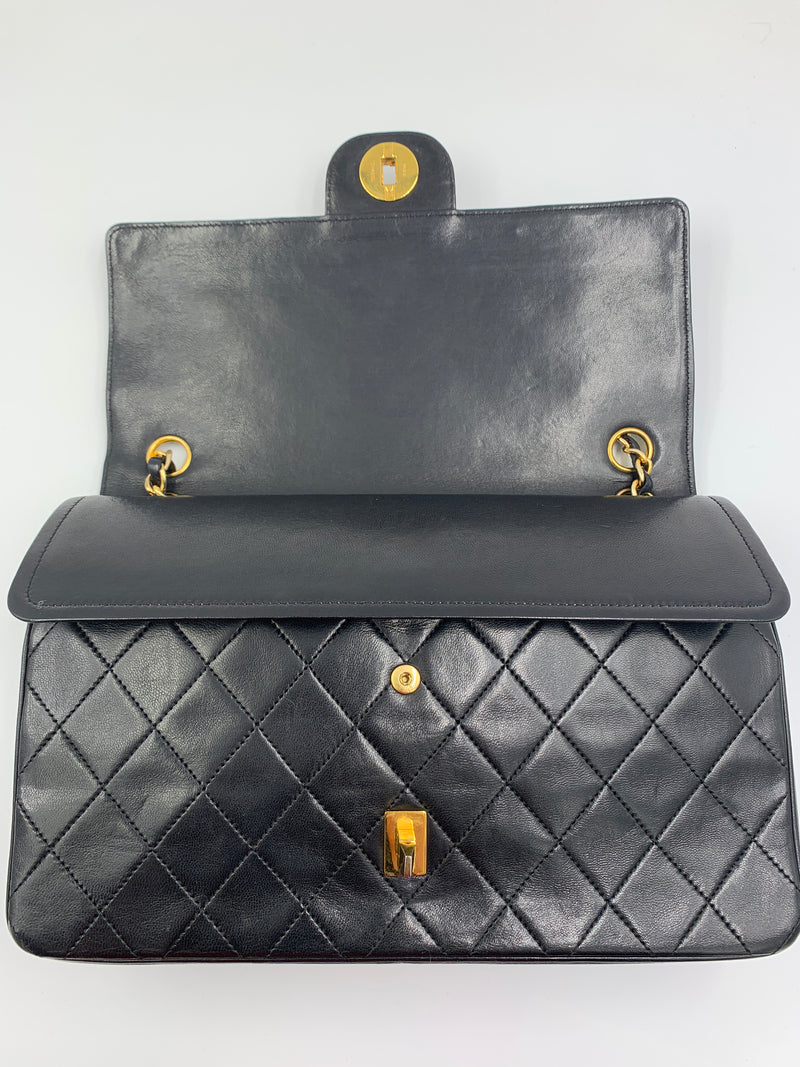 Sold-CHANEL Lambskin Double Chain Double Medium Flap Bag black/gold