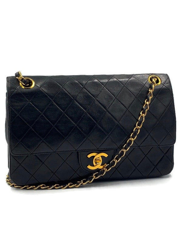 Sold-CHANEL Lambskin Double Chain Double Medium Flap Bag black/gold