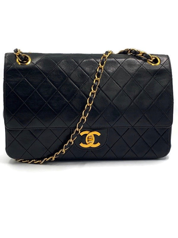 Sold-CHANEL Lambskin Double Chain Double Medium Flap Bag black/gold