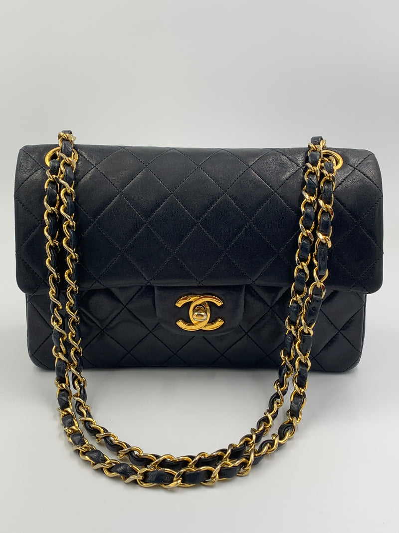 Sold-CHANEL Classic Lambskin Double Chain Double Small Flap Bag black/gold